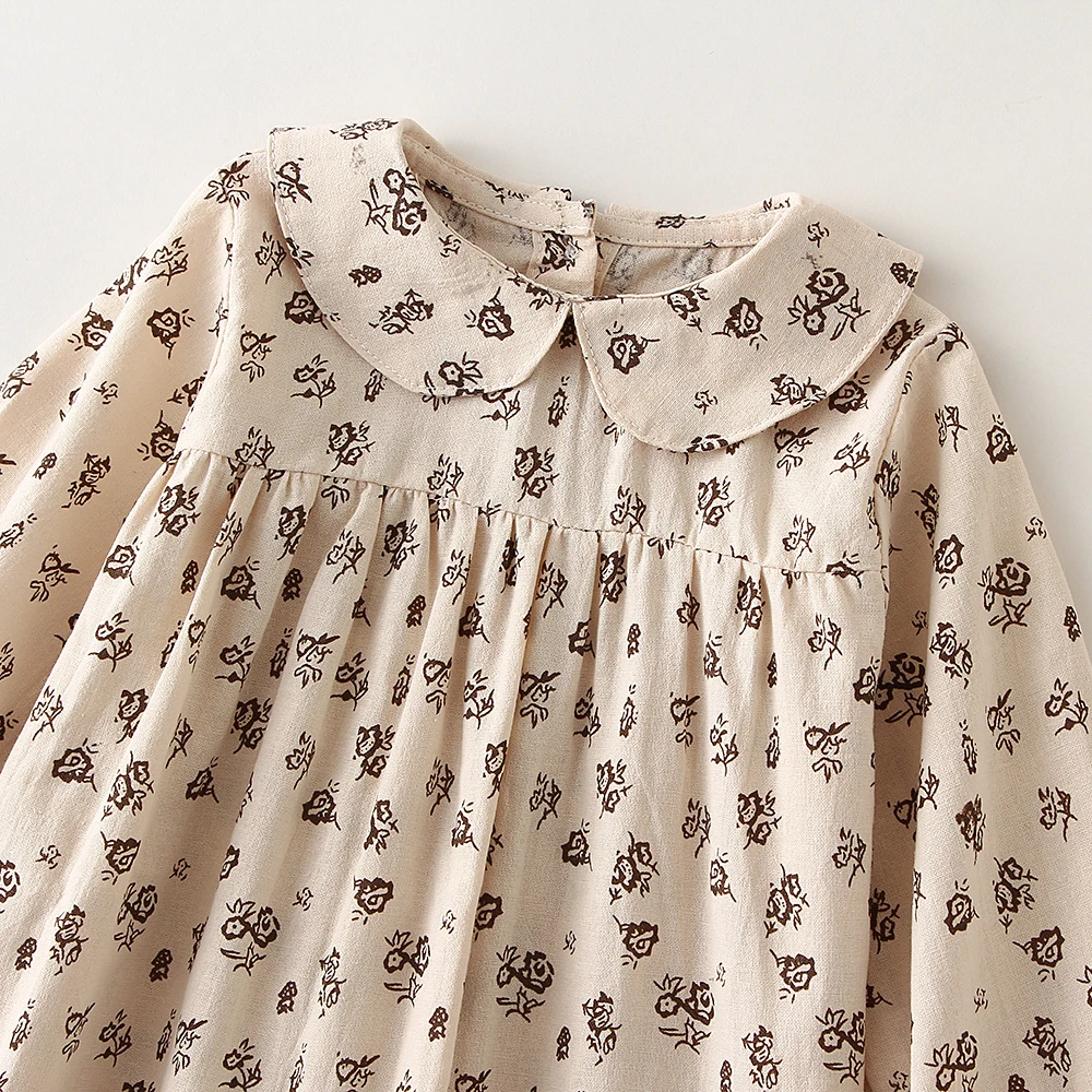 Vintage Floral Girls Dress Spring Kids Long Sleeve Linen Cotton Dresses Baby Princess Party Clothes Birthday | Детская одежда и
