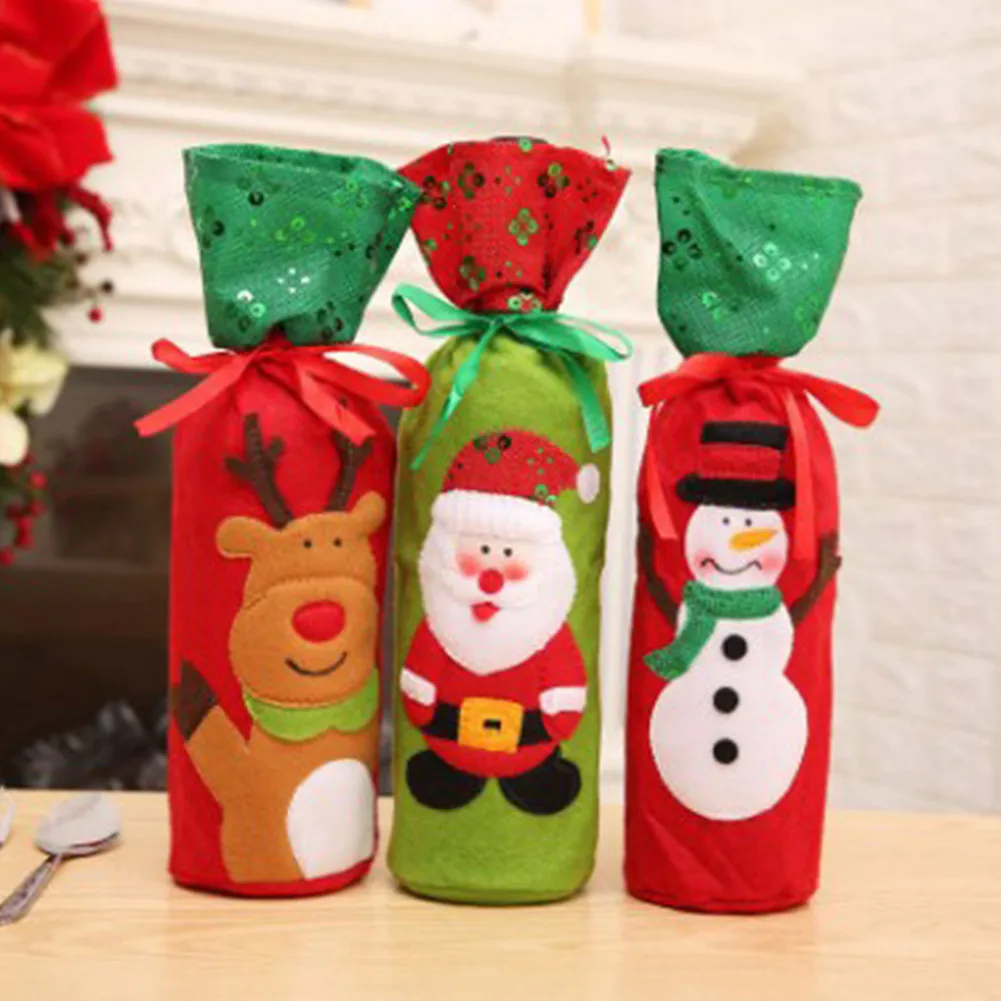 

Cute Christmas Wine Bottle Cover Bag Holiday Santa Claus Champagne Bottle Cover Red Merry Christmas Table Decorations For Home