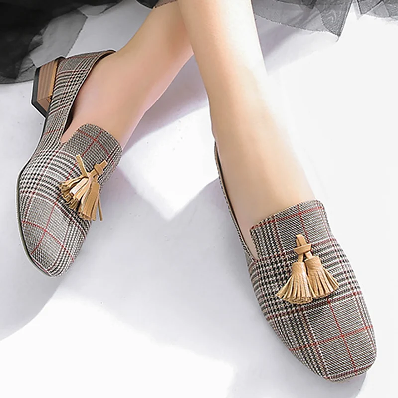 

Fringe Loafers for girls Fashion Gingham Flats shoes women Slip-on Soft Canvas Lazy shoes Designer Flats luxury 2019