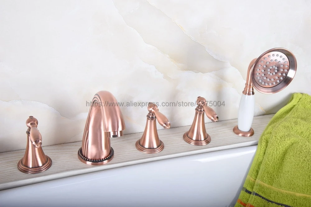 Antique Red Copper Deck Mounted 5PCS Bathroom Faucet Bathtub Basin Tap Cold Hot Water taps With Three Handles Ntf197 | Обустройство