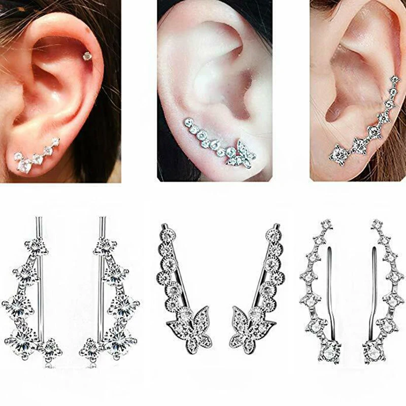 

3 Pairs Ear Climber Crystal Butterfly Hook Earrings for Women Girl CZ Ear Stud Crawler Jewelry Piercing Ear Cuff Wrap Oreja