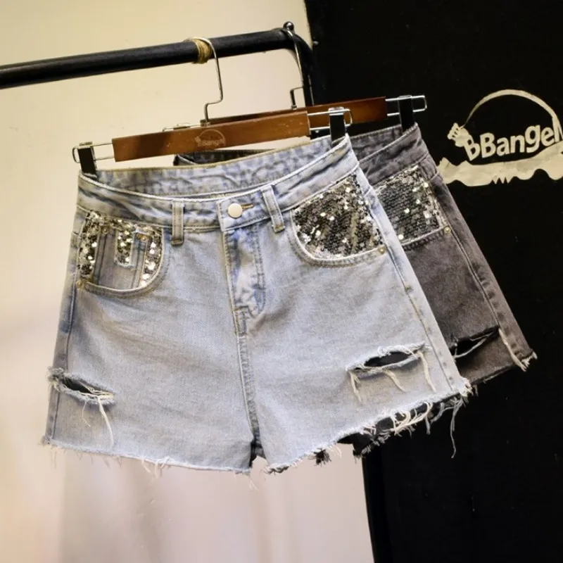 Сексуальные женские рваные джинсовые шорты с высокой талией расшитые блестками