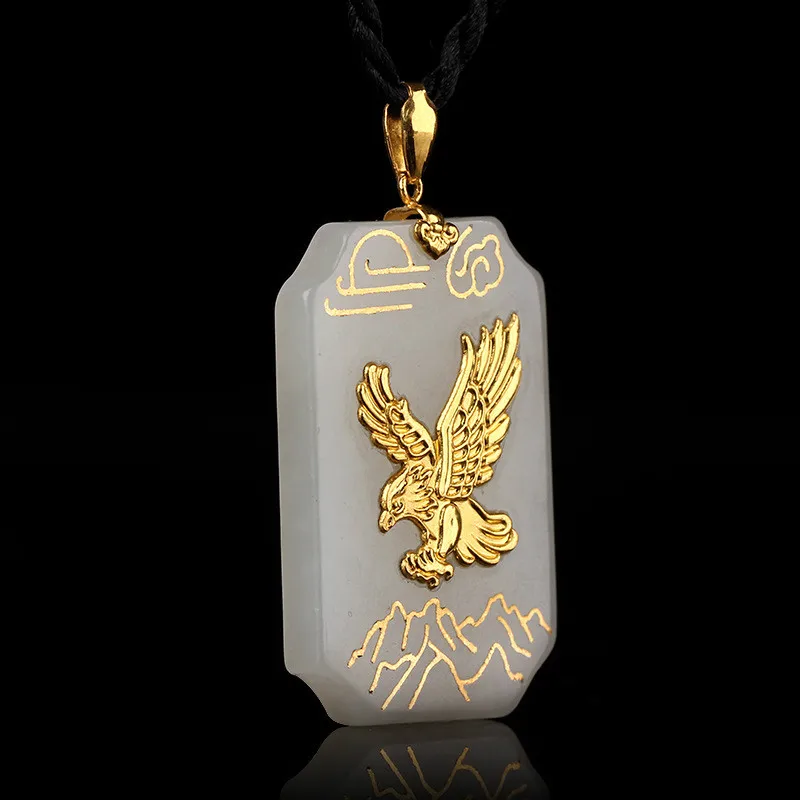 Натуральный китайский белый нефрит мозаика золотой Орел кулон ручной работы