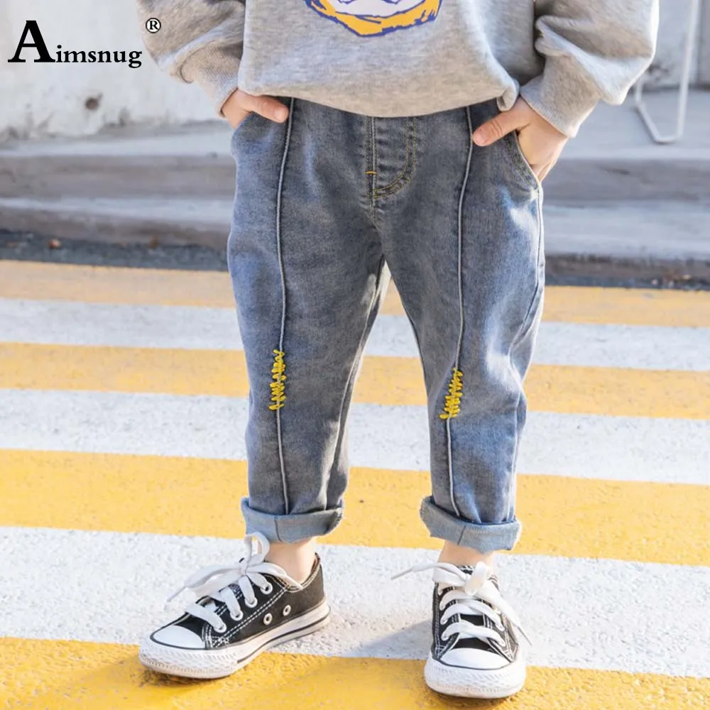 

Aimsnug 2021 Autumn Unisex Boy Girl Jeans Kids Elastic Waist Demin Pants Streetwear Fashion Trouser Children Jeans Pantalon