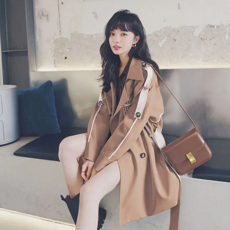 Женский двубортный Тренч с поясом-кушаком элегантная свободная повседневная