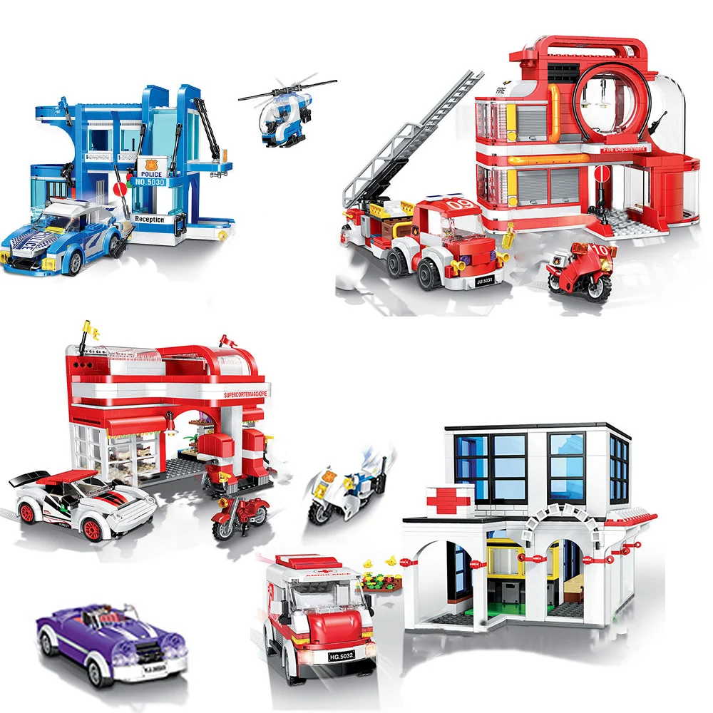 

City car swat team police station fire department Rescue center Gas station Model bricks building blocks learning toys for kids.