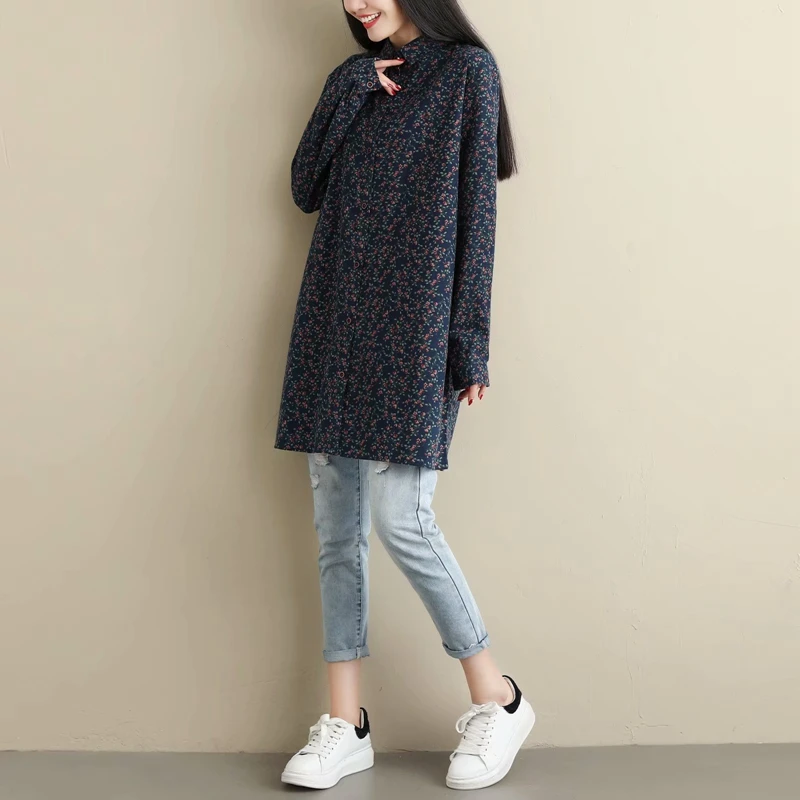 

autumn literary cotton floral shirt female loose turndown collar long sleeve single-breasted shirt tops