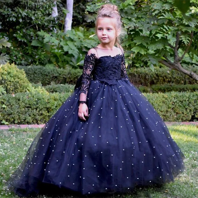 Deep Blue Long Sleeve Flower Girl Dress Sheer Neck Pearls Lace Tulle Kids Pageant Gown Birthday Party Prom Christmas Gowns