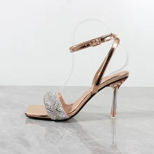 Sandales d'été pour femmes, lanière à la cheville, marque de luxe, talons hauts, diapositives avec chaîne en cristal, chaussures pour femmes, escarpins de fête, 2022  (3)