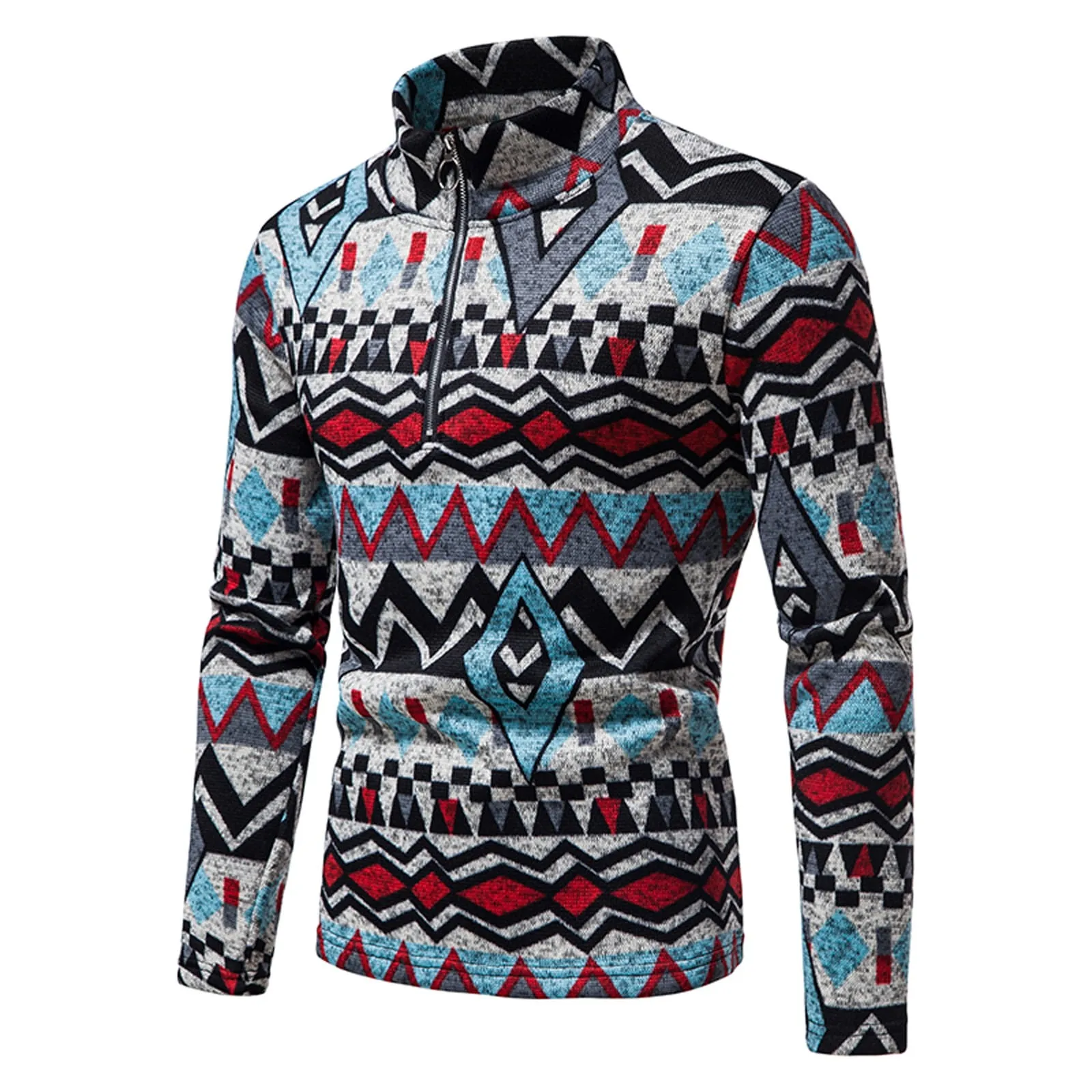 

And Long-sleeved Printing Warm Sweater Collar Autumn Pullover Casual Top Men's Zipper Stand-up Ethnic Winter Mens Fashion Tops