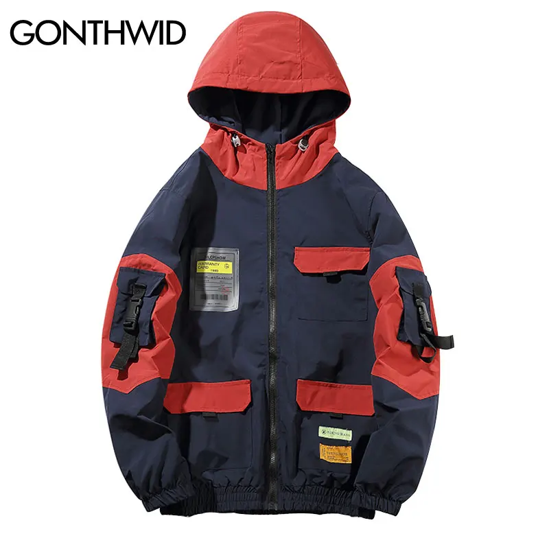 GONTHWID много карманов полный молнии цвет блок лоскутное с капюшоном ветровка