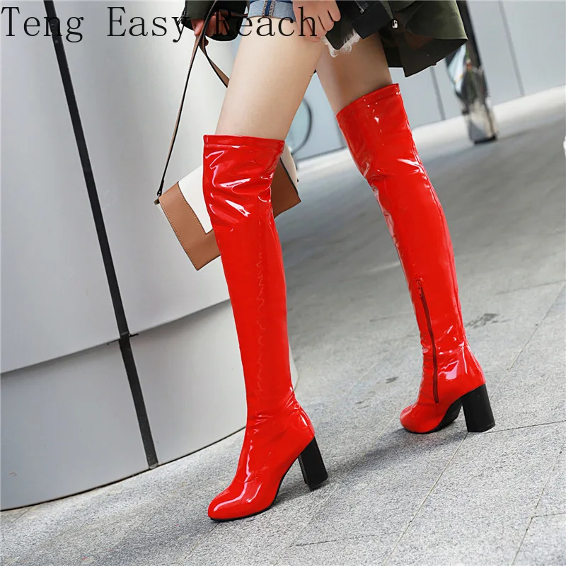 

Красивые Сапоги выше колена, женские оранжевые, красные, желтые, зеленые высокие сапоги до бедра, Квадратные Высокие каблуки, женская обувь вечерние 43 45 47