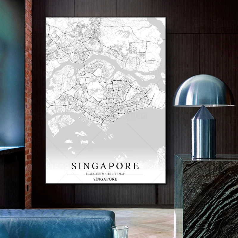 Черно-белая карта города Сингапур плакат HD печать настенная Картина на холсте