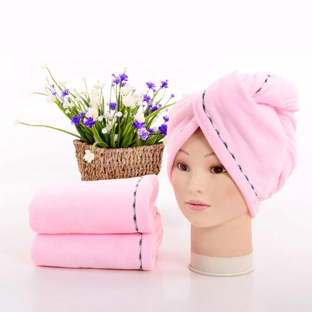 2PCs Microfiber Bath Towel Hair Quick Drying Lady Bath Towel Soft Shower Cap Hat for Lady Man Turban Head Wrap Bathing Tools#S