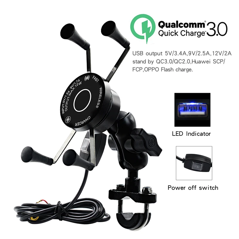 QC3.0 Быстрая зарядка проводной беспроводной держатель для телефона мотоцикла Daul