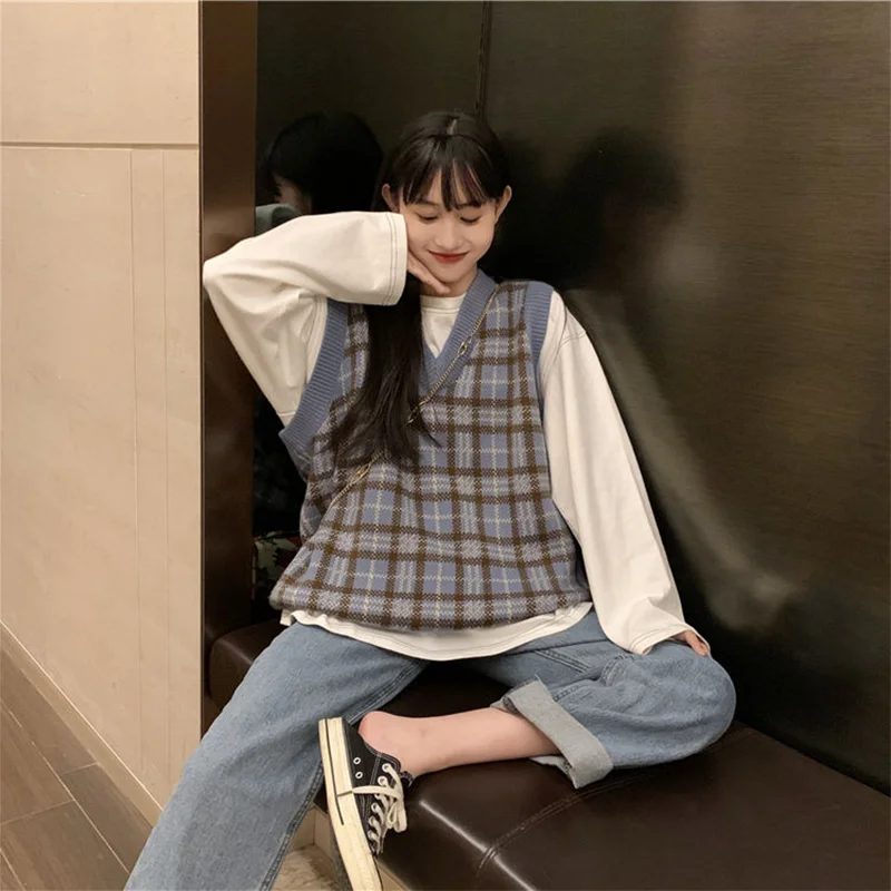 Женский винтажный клетчатый жилет в стиле Харадзюку стильная уличная одежда