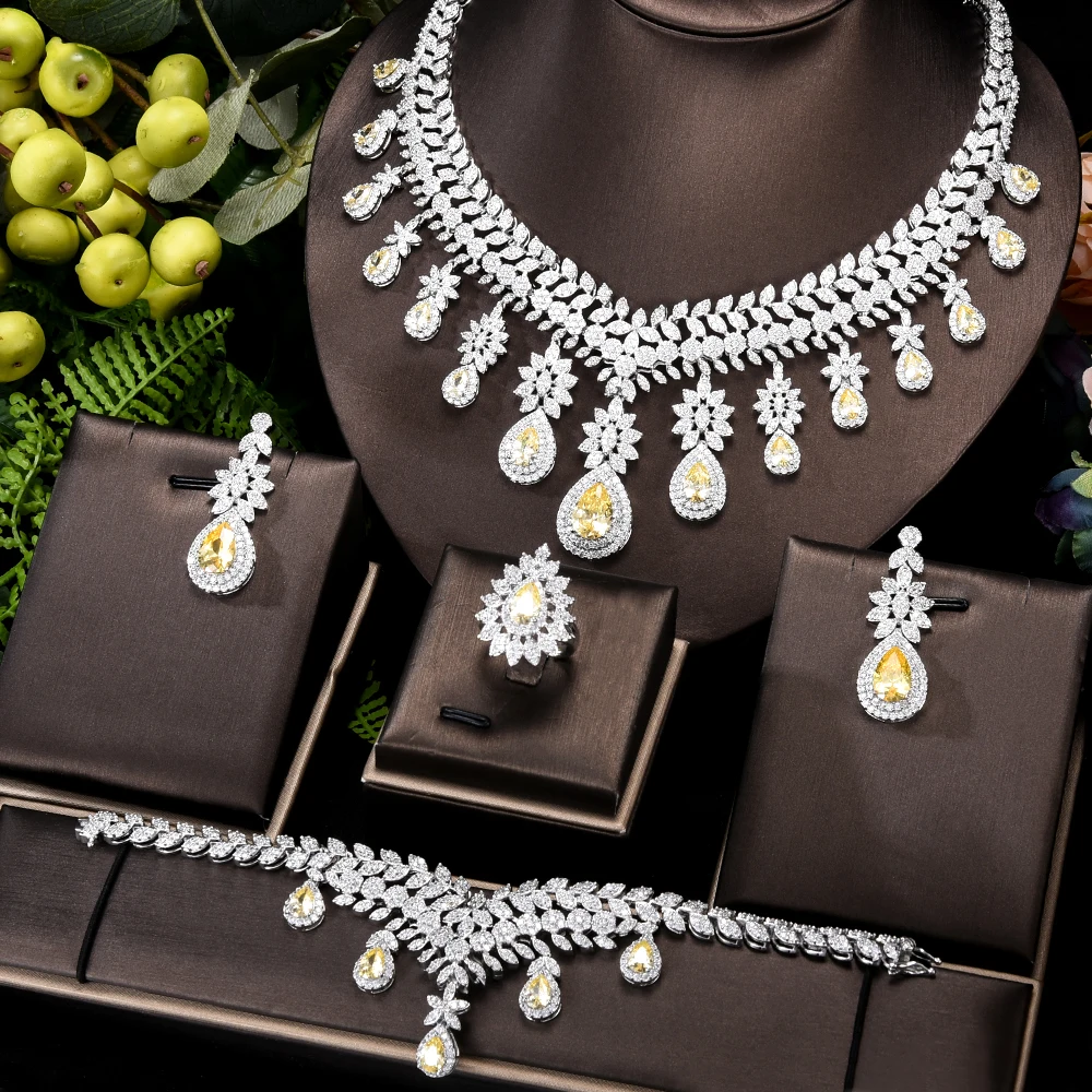

Blachette High Quality Gorgeous Sparkly Luxury Necklace Bangle Earrings Ring Jewelry Set for Noble Brides Wedding Banquet 4PCS