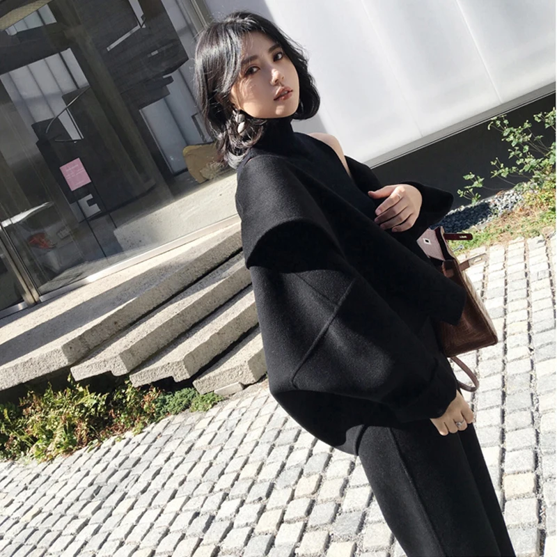 BGTEEVER Autumn Winter Woolen Women Pant Suits Open Stitch Coat &amp Wide Leg Pants OL Style Female 2 Pieces 2019 | Женская одежда