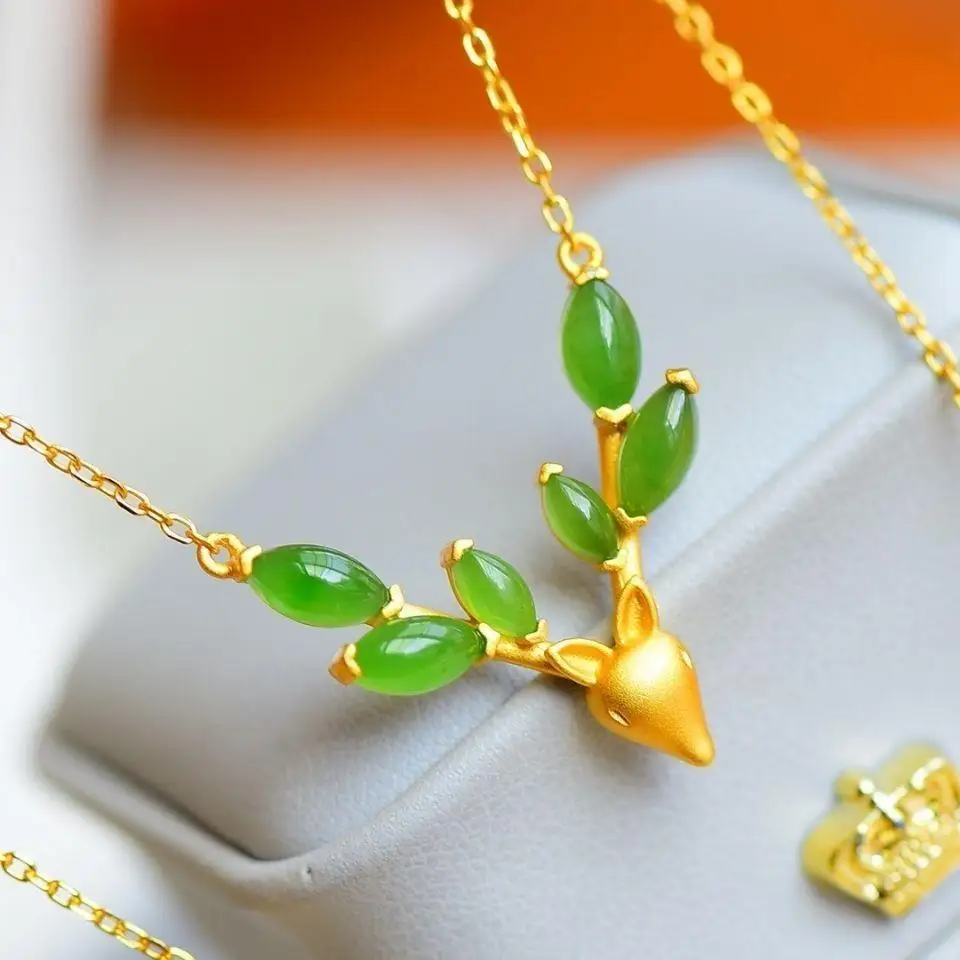 

Ancient Gold Heritage Sand Blasting Craft Deer Clavicle Chain All the Way to Have You Necklace Pendant Hetian Jade Ornament