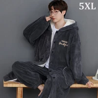 winter warm hooded kimono man thick flannel terry robe sets fashion letter embroidery button loose long bathrobe nightgown 5xl