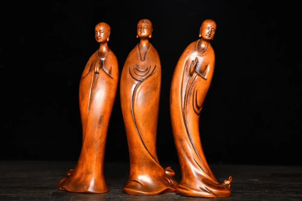 

Wedding Decoration 7" China Lucky Seikos Boxwood Standing Three Buddhas Temple monk wood carving Amitabha Buddha Statue