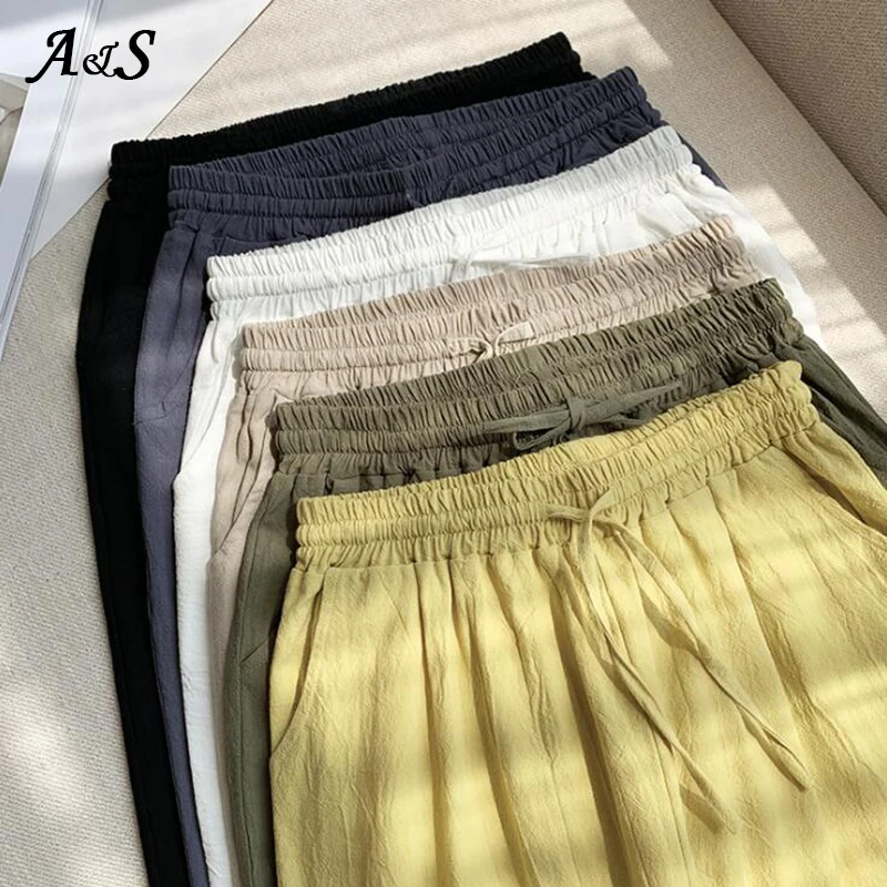 

Womail Summer Women's Casual Trousers Straight Full Length Pants Polyester Cotton Linen Elastic Waist Female Ankle-Length Pants