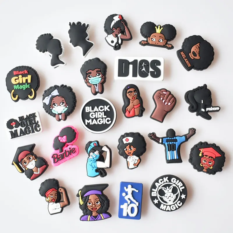 

1pcs Black Couple Shoe Charms Tears Anti Croc JIBZ Accessories Designer Black Girls Rule Clog Shoes Buckle Soft PVC BLM Charm