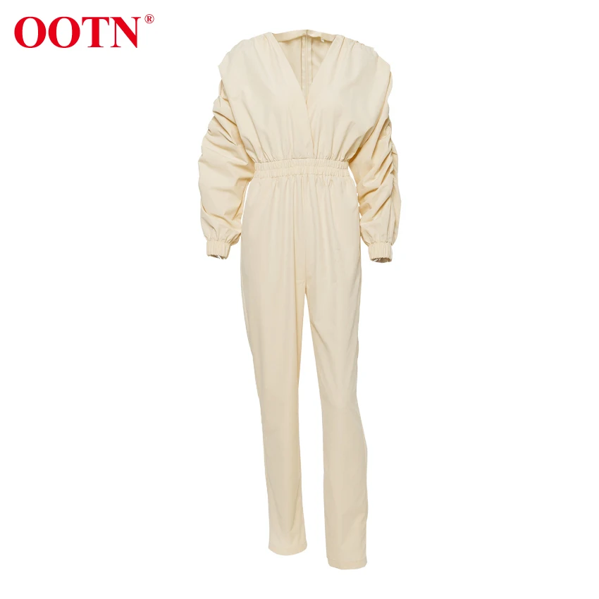 OOTN Women's V neck High Waist jumpsuits Straight Elastic women rompers Lantern Sleeve sexy Street bodysuit | Женская одежда