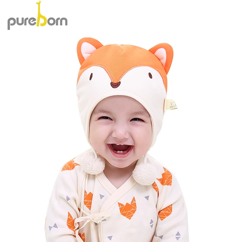 Pureborn новорожденный младенец мультфильм лиса хлопок шапки для маленьких мальчиков и девочек весна осень фотографии волос мяч повседневные теплые шапки