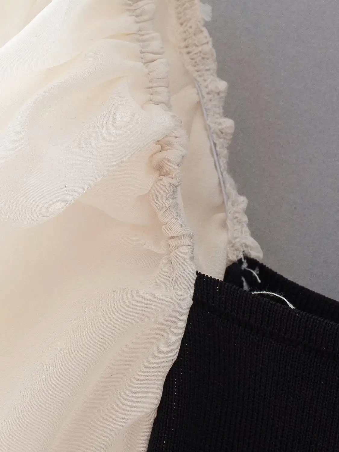 

New Women elegant organza puff sleeve patchwork knitted casual smock blouse ladies chic square collar shirt tops