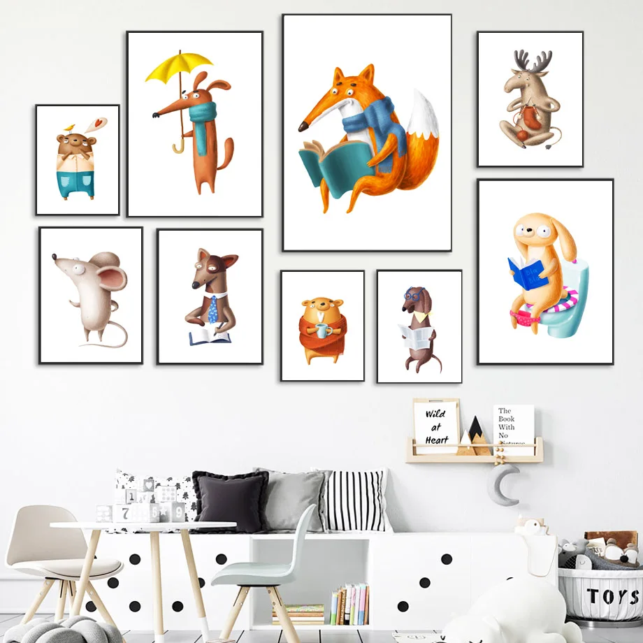 

Cartoon Fox Bear Mouse Rabbit Deer Dog Nursery Wall Art Canvas Painting Nordic Posters And Prints Wall Pictures Kids Room Decor