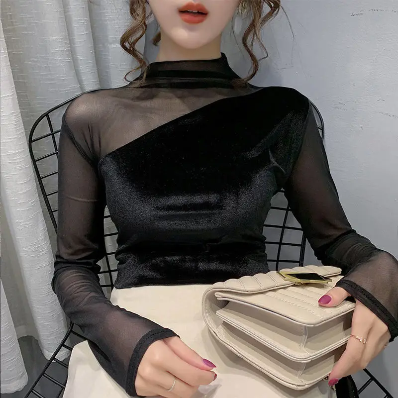 

Blouse Women Women's Mesh Sexy Pleuche Top Stitching Shirts Blusas Ropa De Mujer