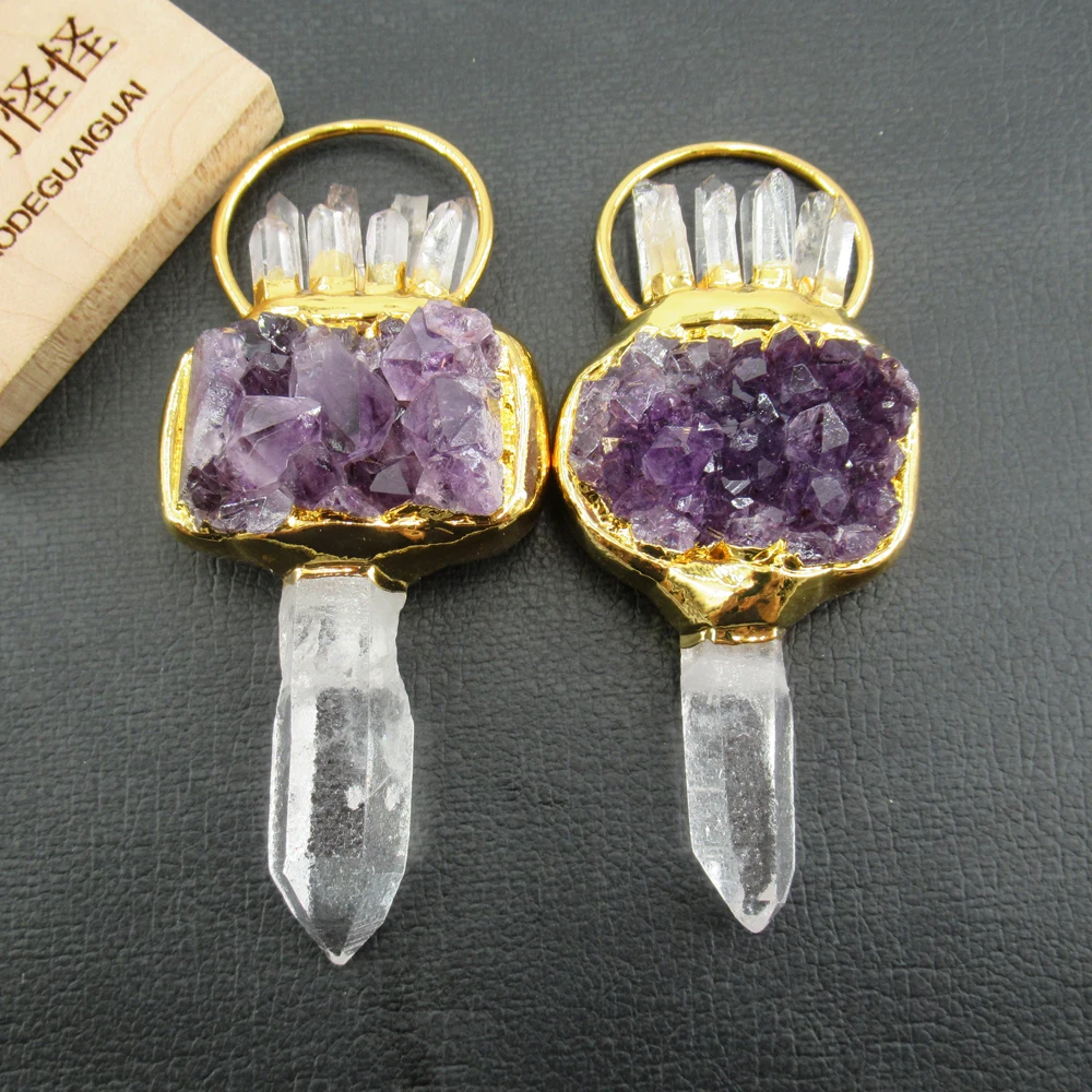 APDGG Natural Purple Amethyst Point Raw Rough Druzy Clear Quartz Charms For Necklace Pendant Jewelry DIY