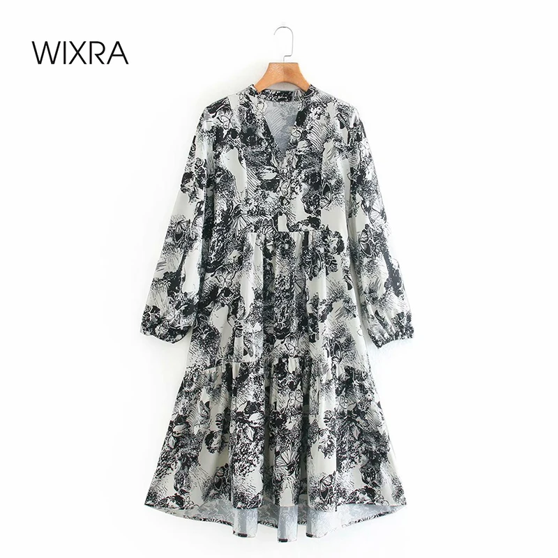 

Wixra Vintage Dresses Womens A Line Full Sleeve Street Wear Buttons Floral Print Clothing 2021 Spring Summer