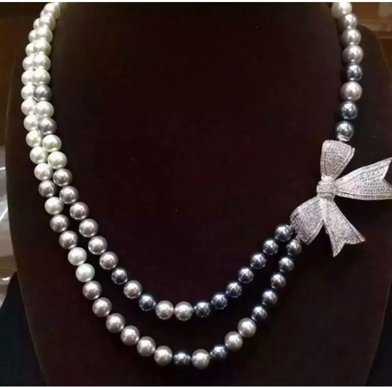 new Stylish 2row 8mm GENUINE freshwater White GRAY SHELL PEARL Bowknot micro-inlaying NECKLACE