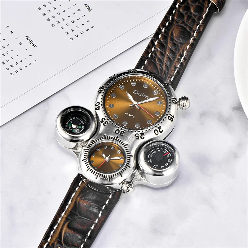 

OULM New Unique Design Two Time Zone Male Watch Decorative Compass Mens Sport Watches Casual Quartz Men Wristwatch For Man
