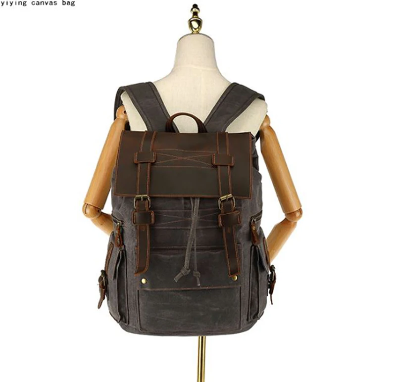 

Vintage Waterproof Waxed Canvas Backpacks Crazy Horse Leather Men School Bags Teenagers Laptop Backpack Travel Bag Rucksack