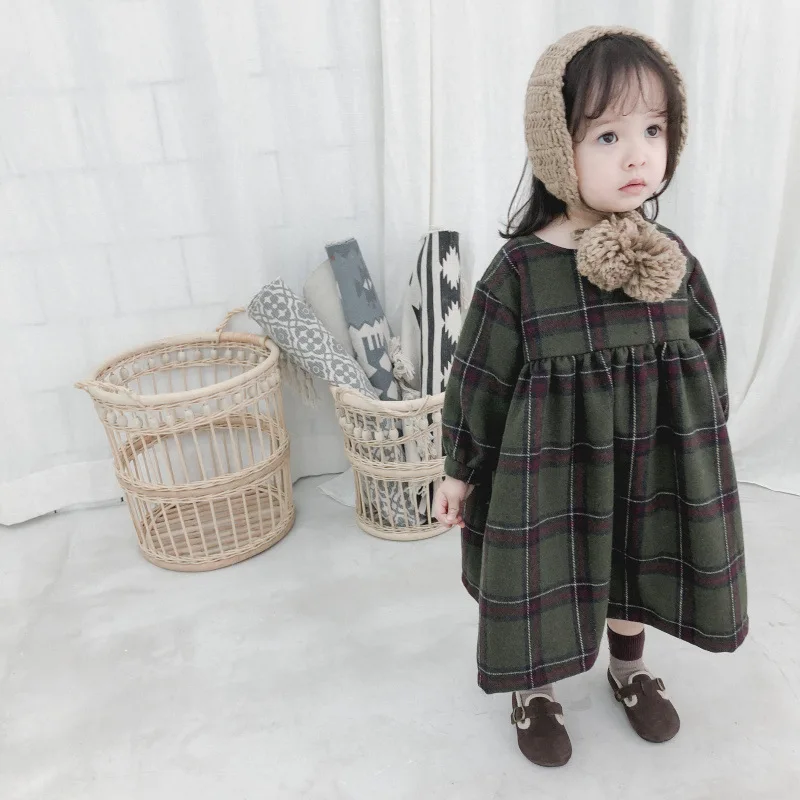 Autumn Winter cute girls fashion puff sleeve plaid long dresses baby kids wollen casual all-match princess dress | Детская одежда и