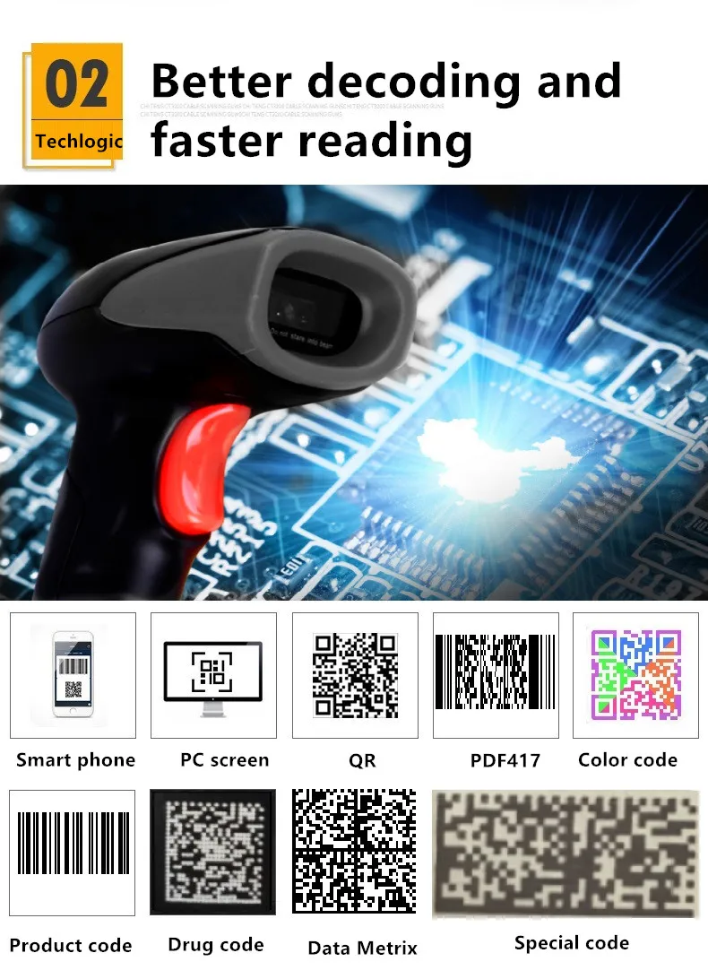 2D USB проводной сканер Ручной беспроводной сканер штрих-кодов 1D/2D QR считыватель штрих-кодов PDF417 Datametrix для IOS Android IPAD