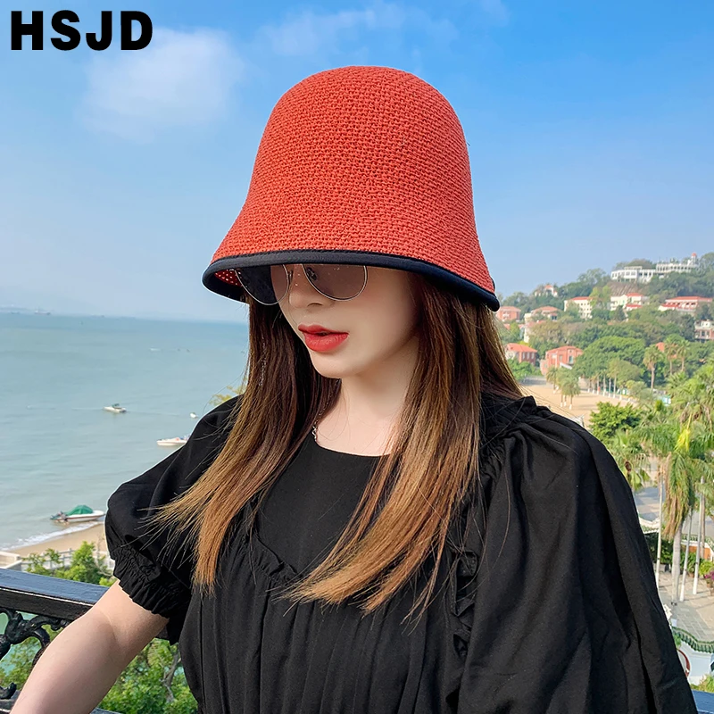 

Solid Color Hollow Out Knit Dome Bucket Hat 2021 Summer Hats For Women Handmade Crochet Floppy Top Sun Caps Anti-UV Beach Cap