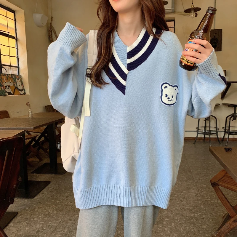 

Y2K Winter New Small Fresh V-neck State Stitching Sweater Female Student Korean Version of Loose Long-sleeved Sweater Coat Trend