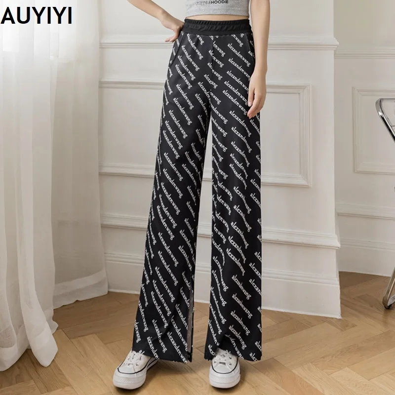 

2021 fashion casual summer new ice silk wide-leg thin section split drape print thin casual pants women AUYIYI