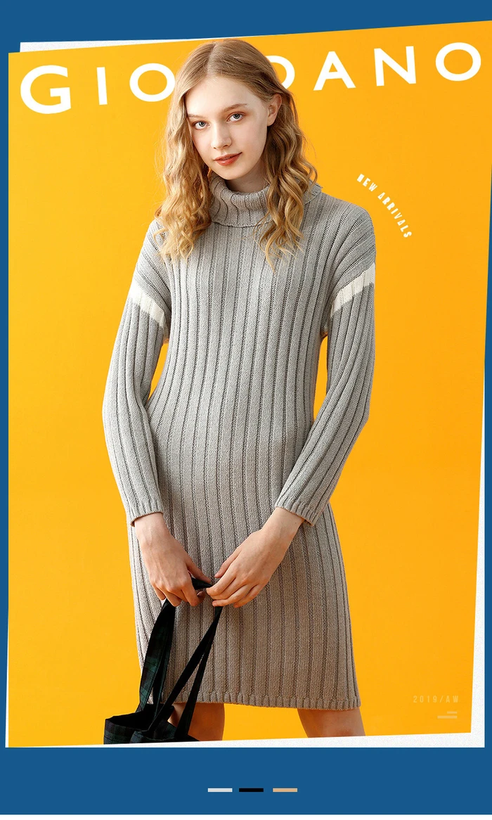 Giordano женское платье с высоким воротом контрастного цвета с длинными рукавами Vestidos 12 иглы вязание теплый халат Femme 05469888