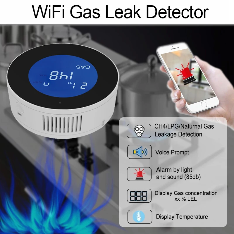 

Умное управление Wi-Fi, детектор утечки газа, датчик сигнализации для умного дома с ЖК-экраном