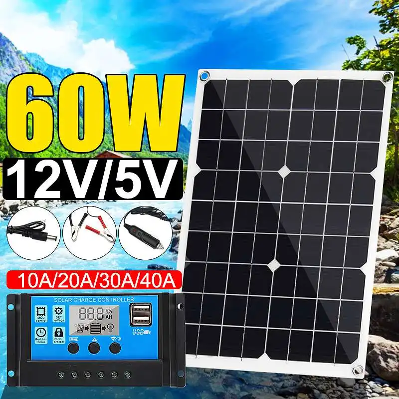 

60W solar panel 12V/5V Double USB+10/20/30/40A Dual USB Solar Cells Regulator Controller ect for car yacht RV Lights Charge