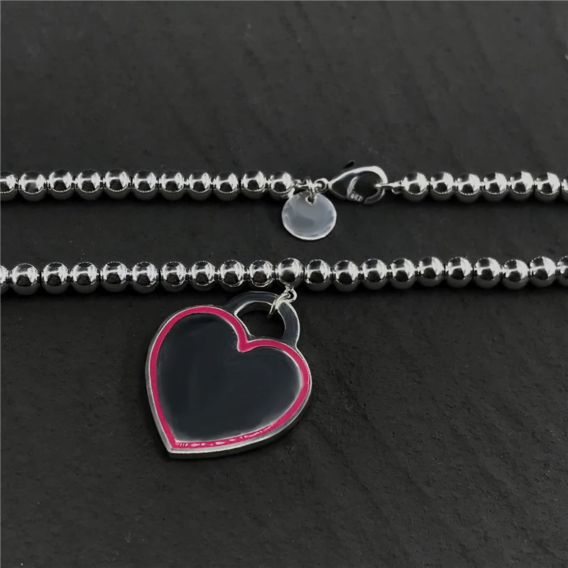 

High Quality 1:1 S925 Sterling Silver Necklace For Women Heart Enamel Necklace 1:1 Luxury Brand Jewelry Chain Choker Loves Gift