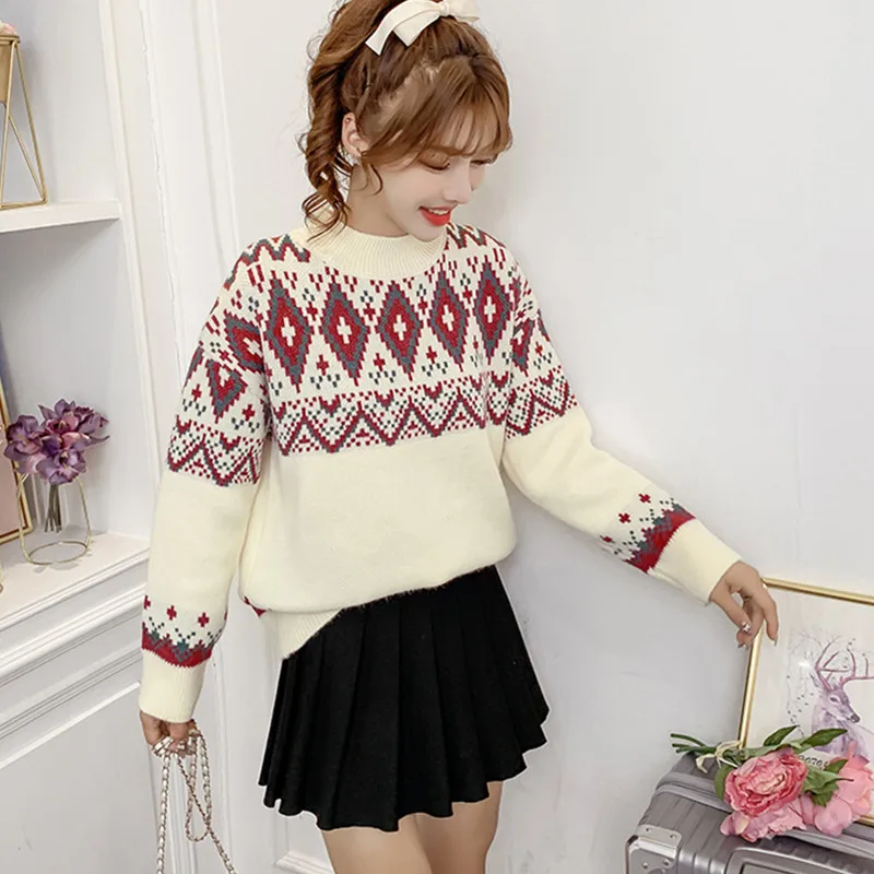 

Lazy Wind Vintage Pullover Sweater Women 2021 Spring Fall Korean Fashion Embroidery Loose Wild Print Knitted Jumper Female M632