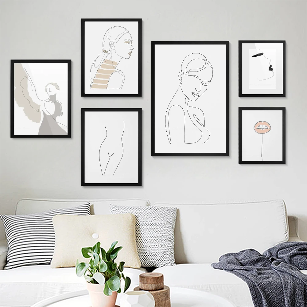 

Минималистичный Простой Модный плакат, Женский эскиз на тело, черные и белые руки, девушка, настенное искусство, линия, рисование, печать, На...