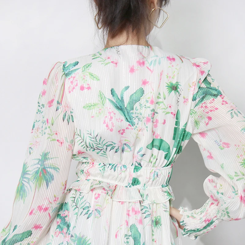 

Print Patchwork Ruffle Dress For Women V Neck Long Sleeve High Waist Hit Color Dresses Female Fashion New Stylish