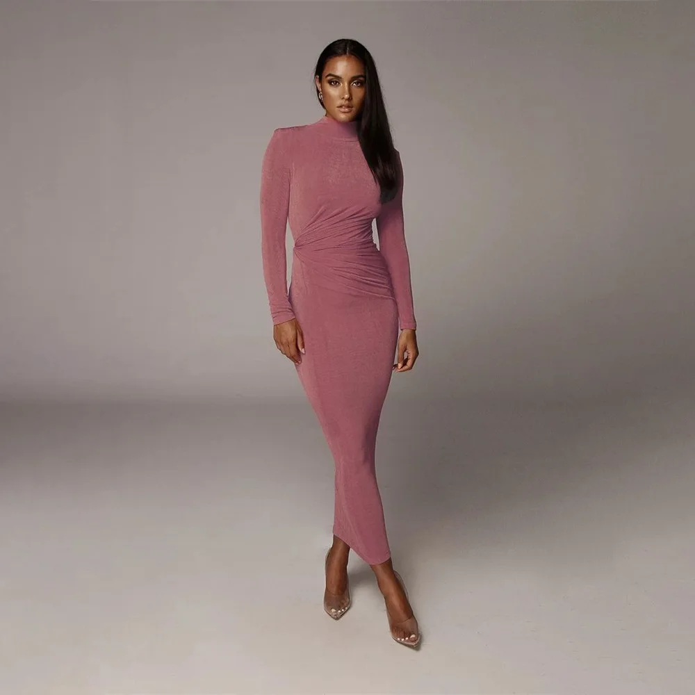 

Long Sleeve Turtleneck Women Autumn Dresses Skinny Slim Fit Pleated Mid-calf Length Elegant Ladies Vintage Bottoming Clothes